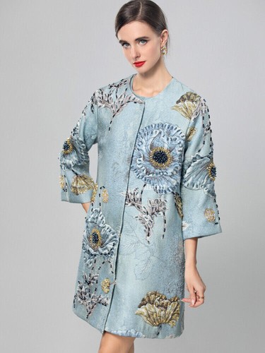 Temperament Perlen Rundhals Ärmel blau Mantel Oberteil Damen mittellange Jacke - Bild 6 von 24