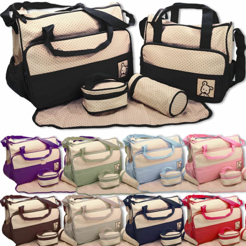 5pc Baby Bags Set Mummy Changing Nappy Diaper Tote Large & Small Bag Mat Bottle