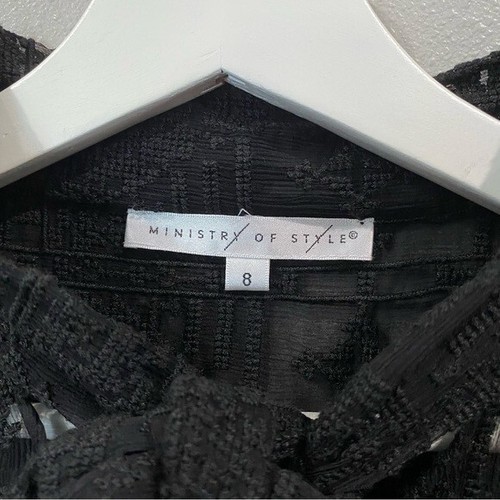 Ministry of Style Long Sleeve Sheer Button Front Patterned Blouse Black 8 - Picture 2 of 8