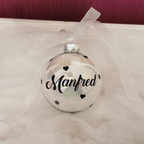 Weihnachtskugel aus Glas 8cm mit Namen + Wunschfüllung Federn Glitzer Schnee - Bild 3 von 12