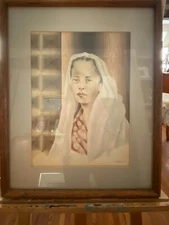 John Crichton 1948 Matted & Framed Watercolor Lady with Head Cover Auckland NZ