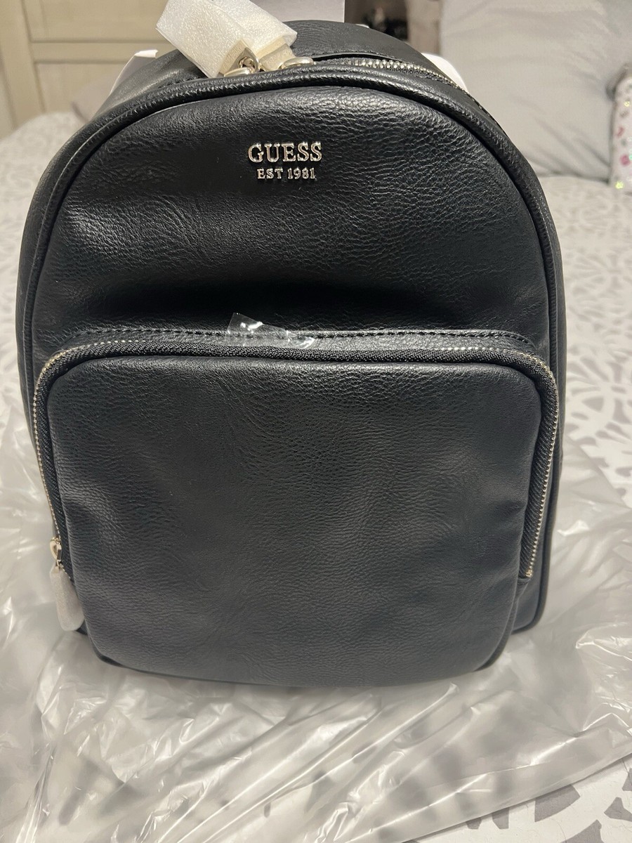 black leather guess backpack GUESS Rylan faux-leather front pocket medium women's backpack -BLACK NWT