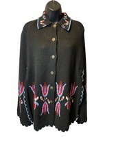 Vintage Wool Knit Button-Up Black Cape With Colorful Embroidery Collar