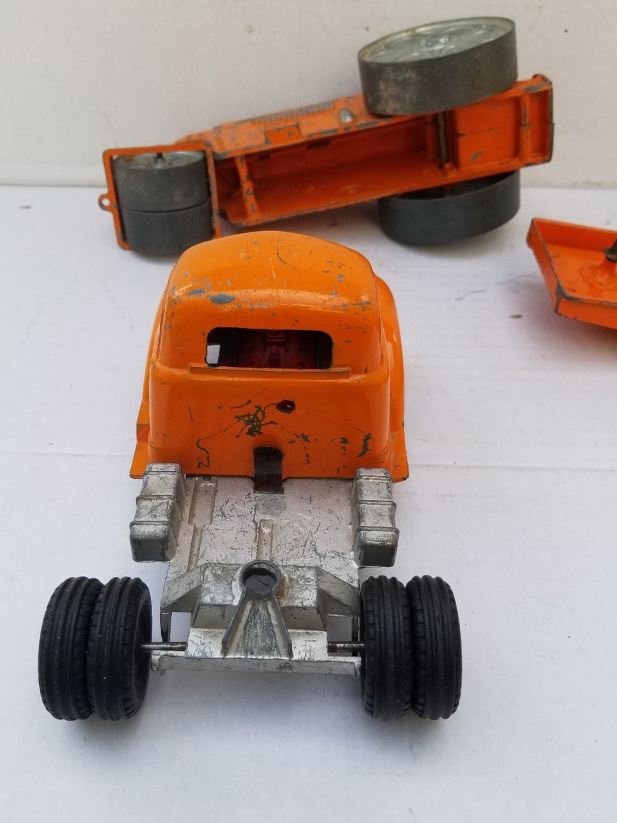 ミニカー Hubley toys truck&trailer HUBLEY LOW BOY Semi Trailer and Diesel Steam Roller Orange