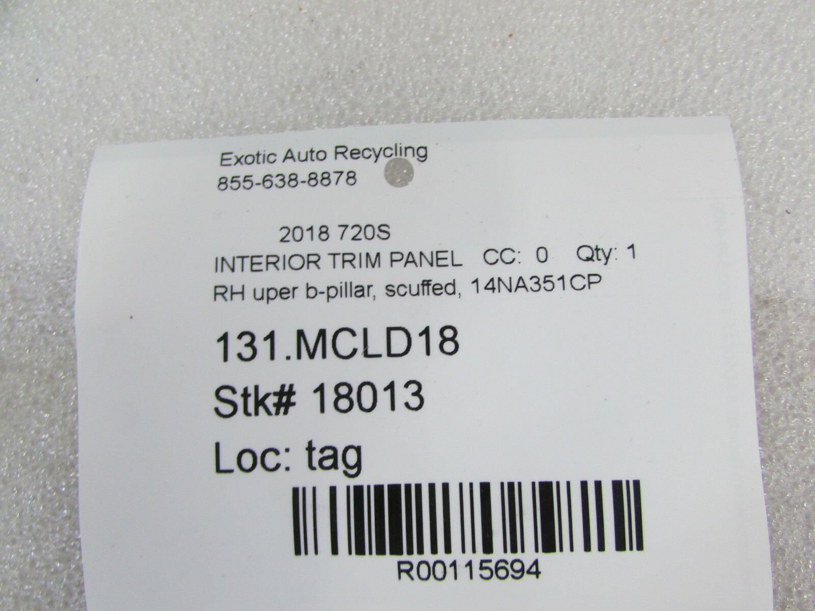 Mclaren 720, RH, Right Upper B-Pillar Trim, Used, P/N 14NA351CP