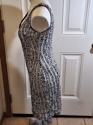 NWT Cache Black White Sequin Striped Sheath Cocktail Party Dress Size M