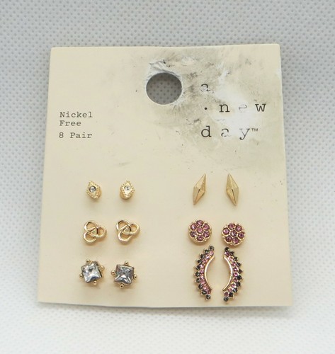 Short Gold Pearl 16" Necklace and Stud Earrings Set Pink Clear Stones - Picture 6 of 7