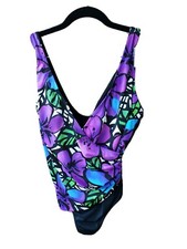 VTG 70s 80s Robby Len 10 Floral Ruched Swimsuit Bathing Suit Faux Wrap Tropical
