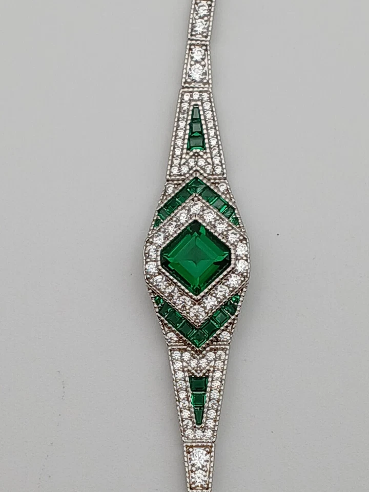 IMPRESIONANTE Brazalete Art Deco GP Verde Sintético Esmeralda y Blanco Circonita Foto 2 de 4
