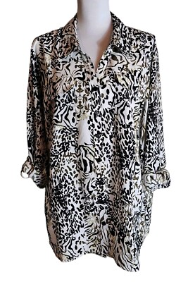 Notations Woman Floral Animal Print Button Down Shirt Size 3X Roll Tab Sleeves 