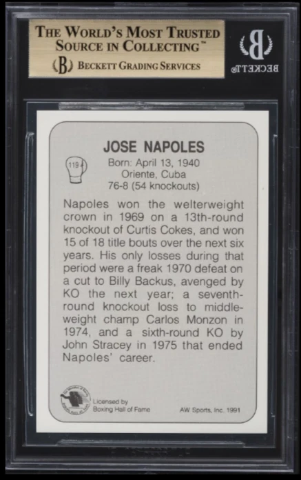 POP 1: Jose Napoles BGS 9.5: 1991 All World Boxing Card Gisto #119 - Image 2 of 3