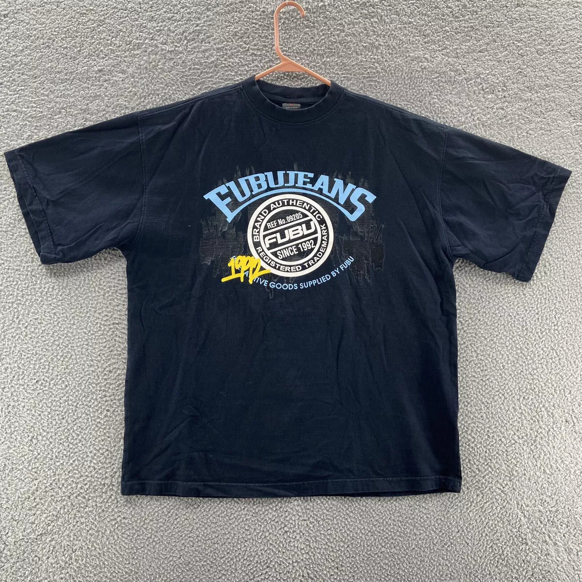VINTAGE Fubu Jeans T Shirt Men Medium Spellout Graphic Logo Hip