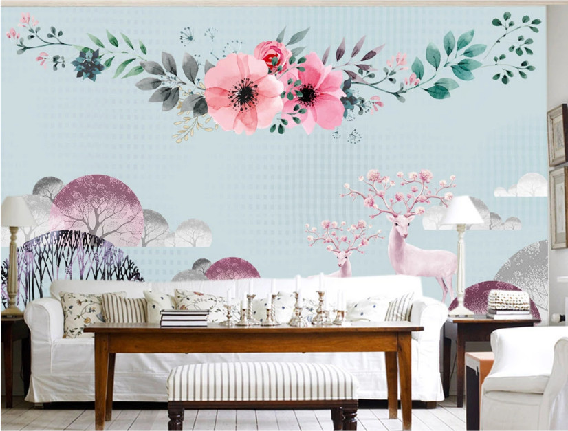 3D Petal Pink Deer 11384NA Wallpaper Wall Mural Removable Self-adhesive Fay