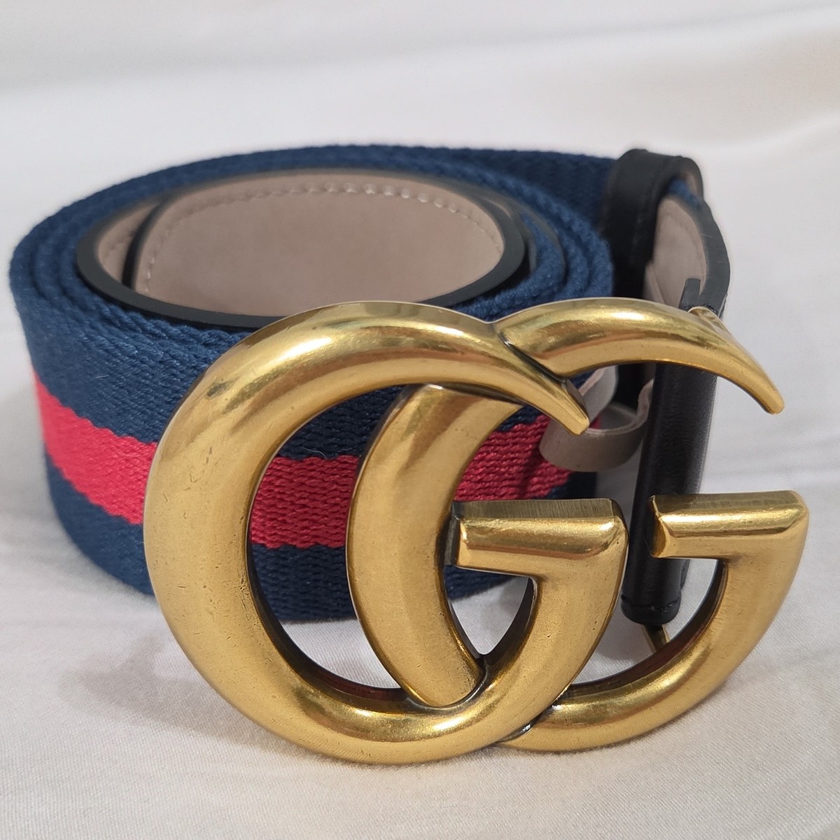mens gucci dress belt Gucci GG Brass Buckle Striped Navy Red Dress Belt Men's 32-34 IT 95CM
