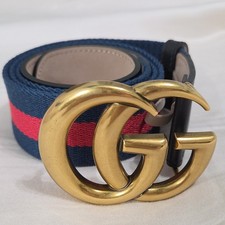Gucci GG Brass Buckle Striped Navy Red Dress Belt Men's 32-34 IT 95CM