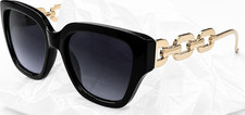 Oversized Square Sunglasses Black Frame Gold Chain Accent Women's Gradient Lens