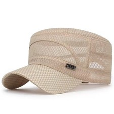 Beige Men Women Mesh Military Cap Summer Cadet Hat Adjustable Breathable