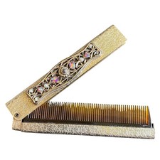 Vintage Ornate Folding Pocket Comb With Faux Pearl Beads And Pink Rhinestones