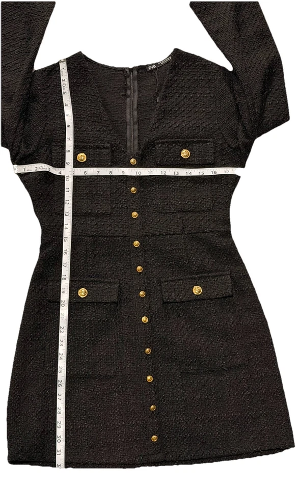 Blazer Chaqueta de Vestido Zara Negro Tweed Manga Larga Botón Dorado Mini Chic Foto 2 de 4