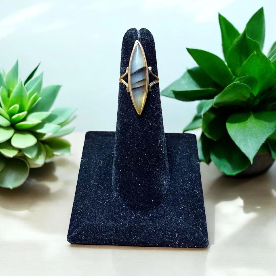 Anel cabochão listrado vintage de ouro amarelo 10k com pedra preciosa marquesa Navette - Imagem 2 de 4