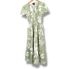 Tahari ASL Green White Floral Print Short Sleeve Tiered Maxi Dress S