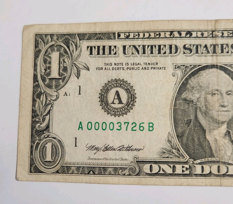 1995 Un dólar bajo número de serie 4 ceros en fila circulado Foto 2 de 4
