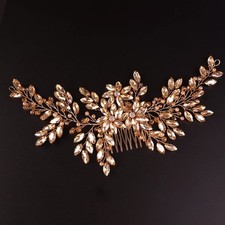 Hair Comb, Women Handmade Wedding Champagne Rhinestone Crystal Flower Headpie...