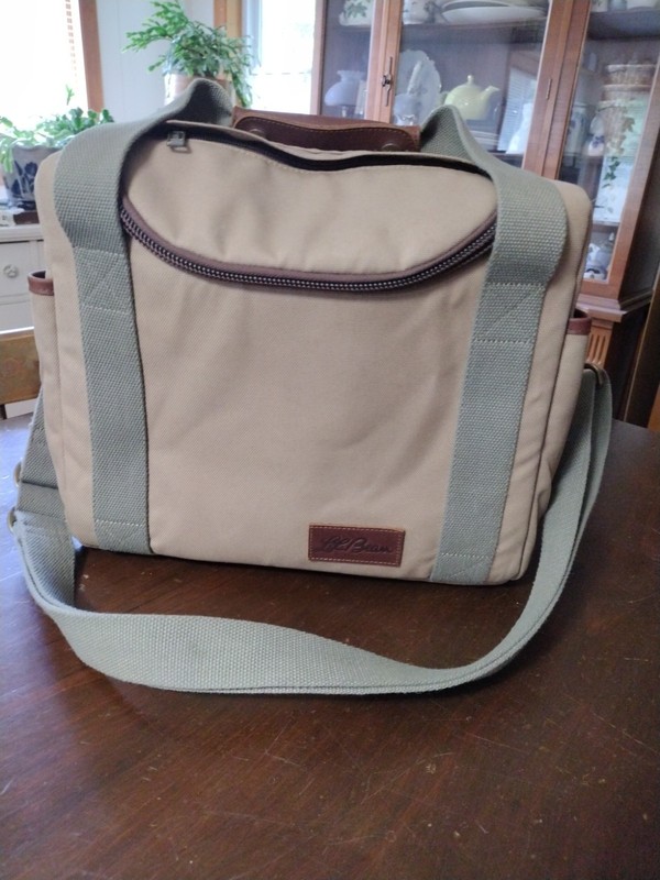 LL Bean Soft Side Canvas & Leather Cooler Tan & Green, Brass Buckle 13"X 9" X11"