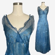 Vintage y2k Adrianna Papell Blue Organza grey floral glitter iridescent gown S/M