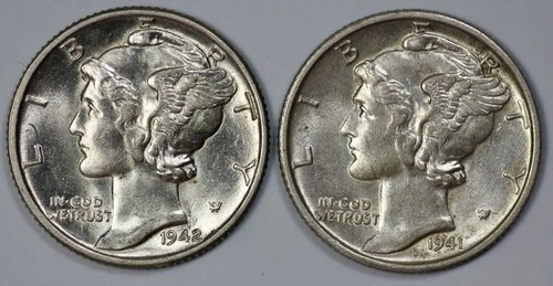 1941-P and 1942-S Mercury 10c Silver Dimes UNC Full Bands Lot of 2
