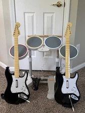 Nintendo Wii Rock Band Bundle Set, 2 Wireless Guitars, Drums, Mic Lot TESTED