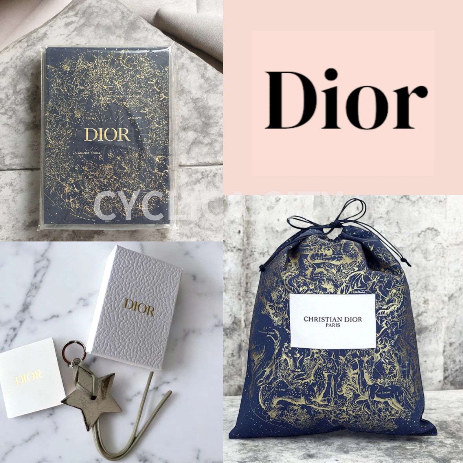 Sac pochette Christian Dior pour carnet et cordon de serrage et bague breloque chaîne Star Kay