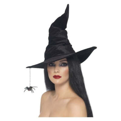 Witch Hat Adult Black Velour With Hanging Spider Witch Hat Adult Black Velour With Hanging Spider