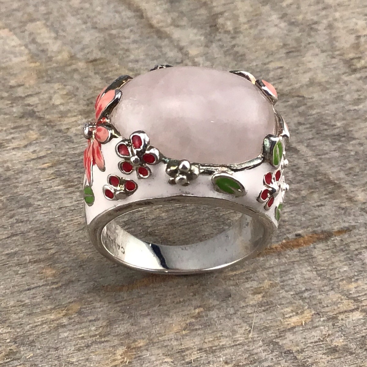 DAVID SIGAL Sterling Silver 925 Rose Quartz Enamel Ring C^A