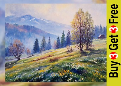Spring Meadow Hills 5'' x 7'' auf mattem Papier | bunte Berglandschaft Kunst