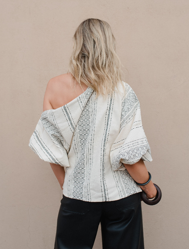 Mexican Bone & Black Blouse - Blusa de Telar de Pedal hecha en Oaxaca - Picture 2 of 3