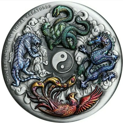 2021 5 Oz Silver $5 Tuvalu Mythical Creatures DRAGON TIGER PHOENIX