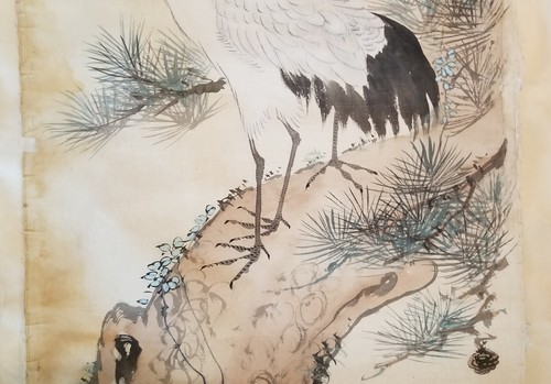 VTG. JAPANESE CHINESE ASIAN LANDSCAPE STORK CRANE HANGING SILK SCROLL PAINTING - Picture 6 of 10