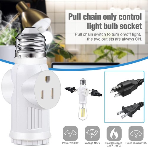 2 Pack E26 Light Socket to Plug Adapter 2/3 Prong Light Bulb Splitter Converter - Picture 8 of 15