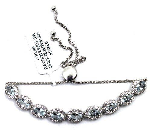 Aquamarine & White Topaz Oval Link Tennis Bracelet Bolo Closer Sterling Silver - Picture 10 of 11