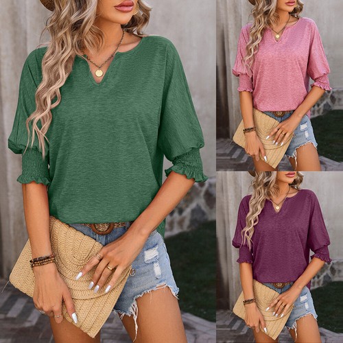 Half Puff Sleeve V Neck Tops Blouse Tees Tunic T-Shirt Pullover Solid Simple - Picture 1 of 18