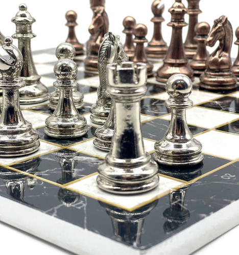 Black-White Marble Patterned Chess Board and Classic Metal Chess Pieces, Chess - Picture 2 of 8