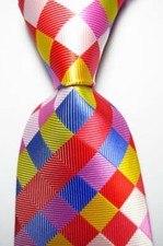 New Classic Checks Red Blue White Yellow JACQUARD WOVEN Silk Men's Tie Necktie