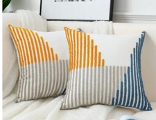 Patchwork Farmhouse Pillow Covers Pack of 2 Striped Linen Decorative Modern A...