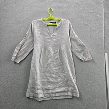 Tahari Women Dress M Light Gray Linen Pintuck Tunic V-Neck Pullover
