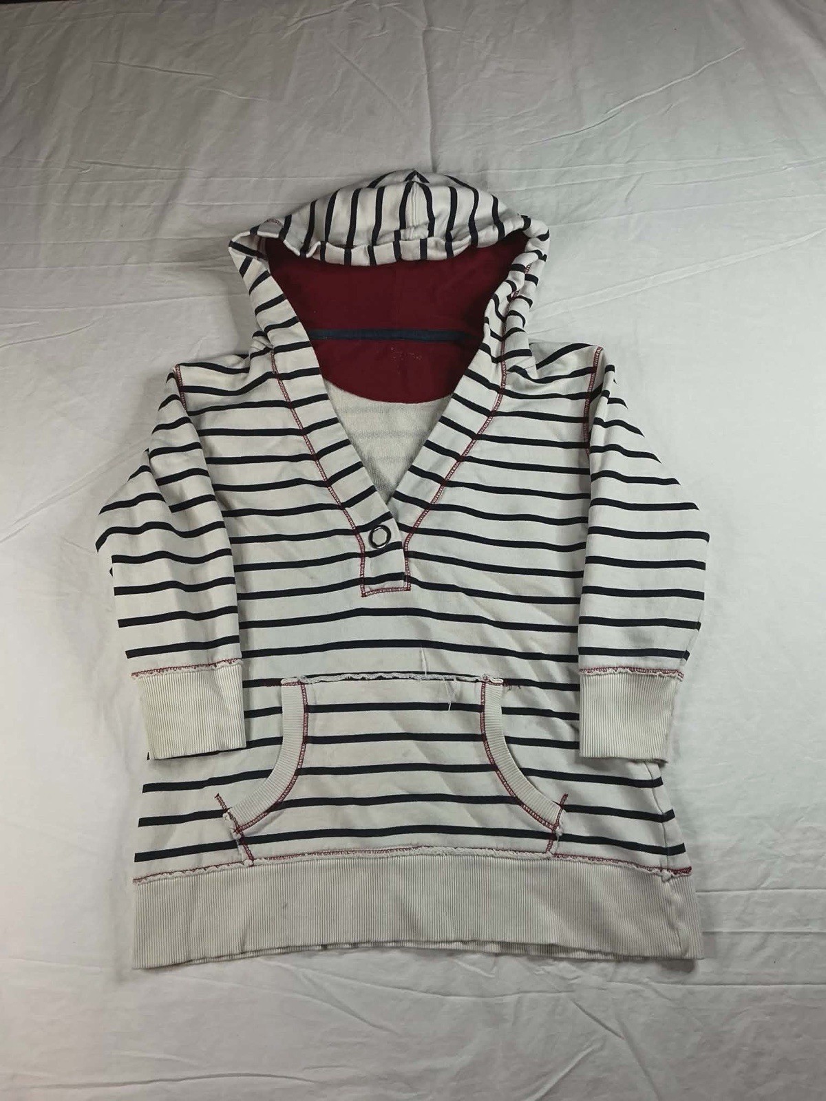 Women's Striped Pullover Hoodie White Navy Red V-Neck Long Sleeve