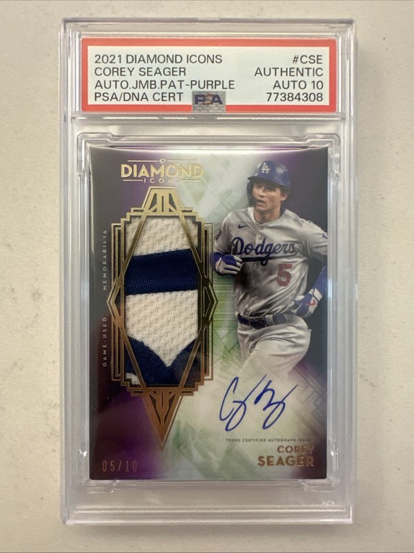 2021 Diamond Icons Corey Seager Auto GU Jumbo Patches Purple #/10 PSA AUTO 10