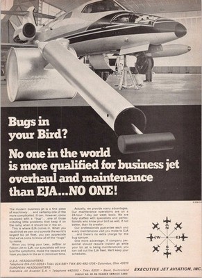 Executive Jet Aviation 1968 Vintage Business Jet Print Ad Bugs Maintenance