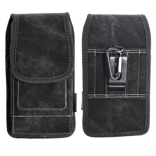 For LG STYLO 4 PLUS Black Denim Fabric Belt Clip Holster Pouch Case Cover - Picture 2 of 8