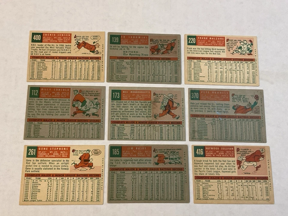 Lote de 9 béisbol 1959 Topps diferentes TODOS los Medias Rojas. En muy buen estado a muy buen estado Foto 2 de 4